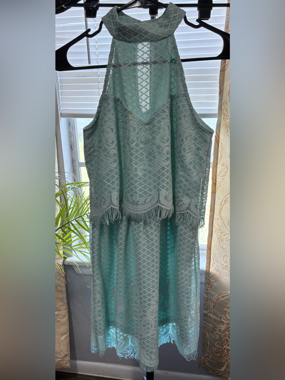 ✨ Charlotte Russe Mint Lace Halter Midi Dress with Fringe Size Small